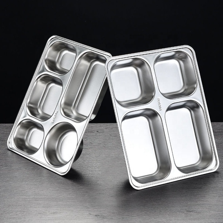 Wholesale High Quality Stainless Steel 304 Food Grade Lunch Plates School Canteen Serving Plate 5 Compartment Dinner Plates