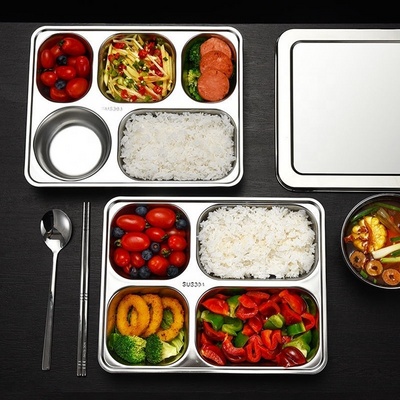 Wholesale High Quality Stainless Steel 304 Food Grade Lunch Plates School Canteen Serving Plate 5 Compartment Dinner Plates