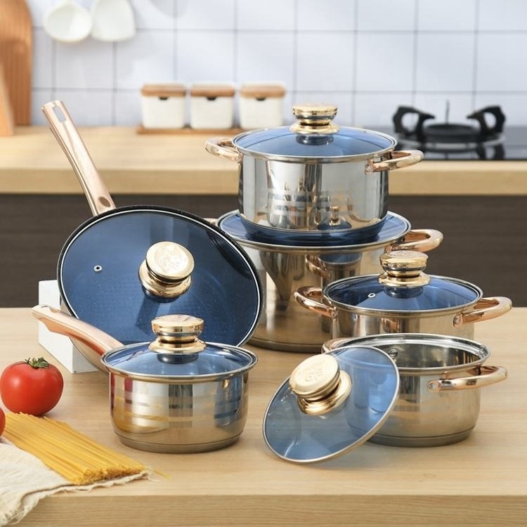 Manufacturer Wholesale Kitchen Ware 12pcs Stainless Steel Gold Capsulated Cooking Pots And Pans Nonstick Cookware Sets