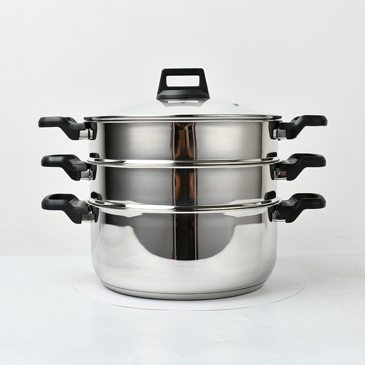 Commercial Kitchen Gadgets Large Three-layer Stainless Steel 304/201 Cooking Pot Food Dumpling Soup Steamer Pot With Glass Lid