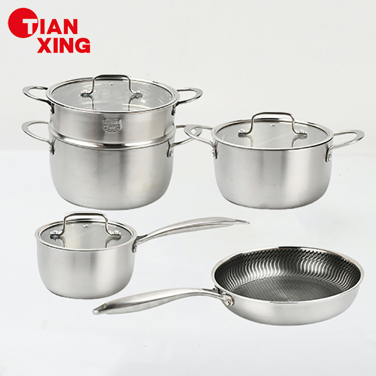 Tianxing New Design 8 Pcs Stainless Steel Steamer Pot Set Cooking Pot And Pan Nonstick Cookware Sets With Glass Lid