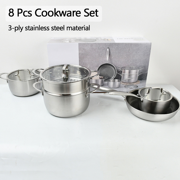 Tianxing New Design 8 Pcs Stainless Steel Steamer Pot Set Cooking Pot And Pan Nonstick Cookware Sets With Glass Lid