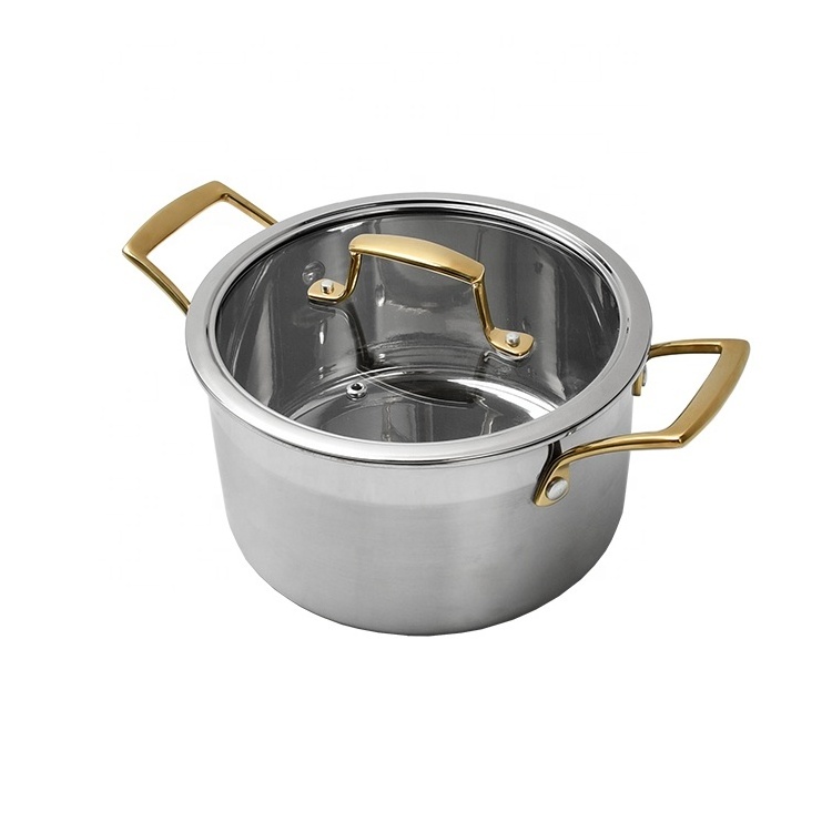 Custom Cookware 18-24cm Tri-ply Stainless Steel Gold Handle Inductional Stock Pot Dutch Oven Cooking Pot Casserole