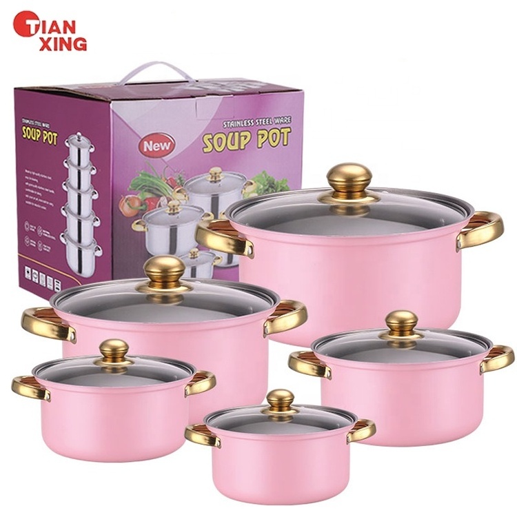 Tianxing Wholesale Kitchenware 10Pcs Nonstick Cookware Stainless Steel Stock Pot Cooking Pots And Pans Casserole Set