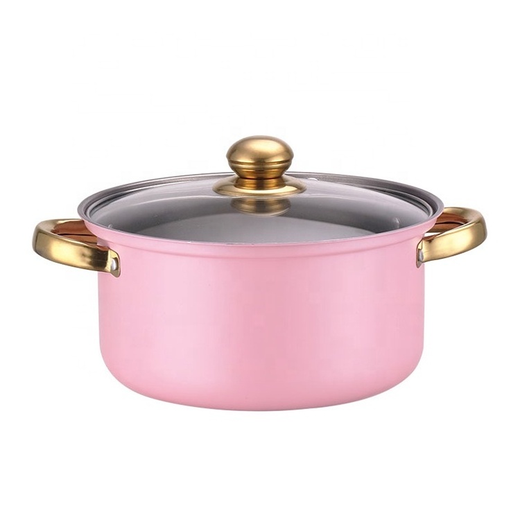 Tianxing Hot Selling Kitchen Accessories 10Pcs Casserole Set Cooking Stock Pot Set Non-stick Pink Cookware With Gold Handle