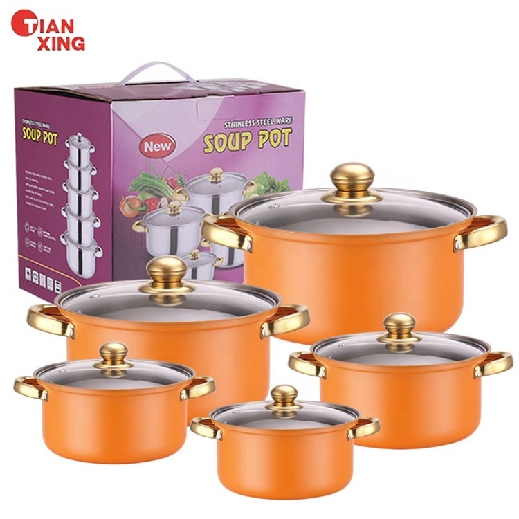 Tianxing Wholesale Kitchenware 10Pcs Nonstick Cookware Stainless Steel Stock Pot Cooking Pots And Pans Casserole Set