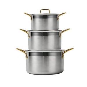 Custom Cookware 18-24cm Tri-ply Stainless Steel Gold Handle Inductional Stock Pot Dutch Oven Cooking Pot Casserole