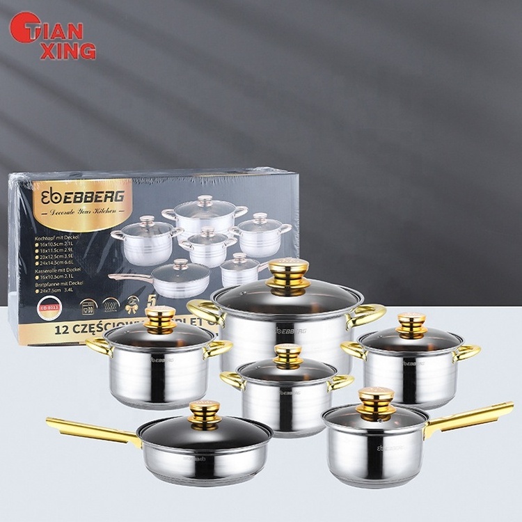 Tianxing Wholesale Household Item 12Pcs Stainless Steel Casserole Set Gold Cooking Stock Pot And Pan Set Non-stick Cookware Set