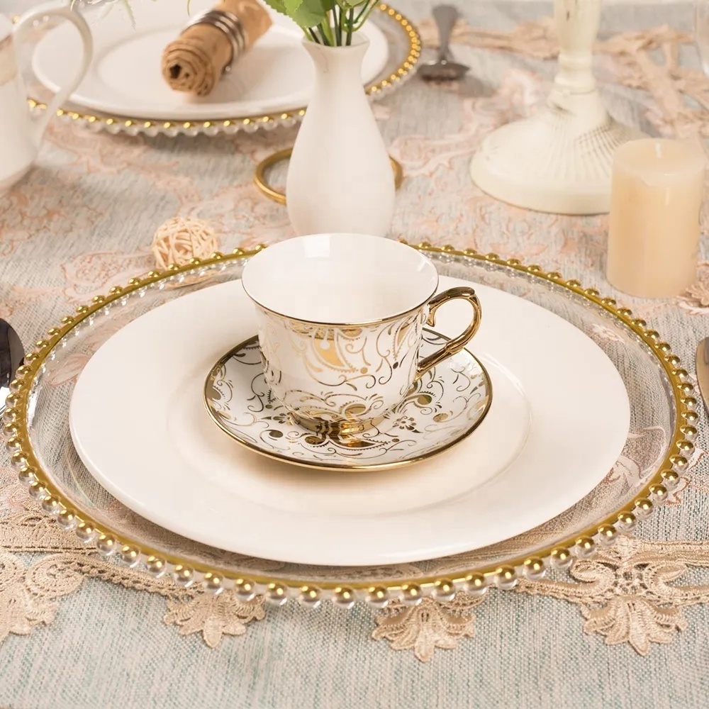 Tianxing Bulk Wedding Decorative Dinnerware Set Gold Dinner Plate Plastic Round Clear Gold Charger Plate With Gold Rim