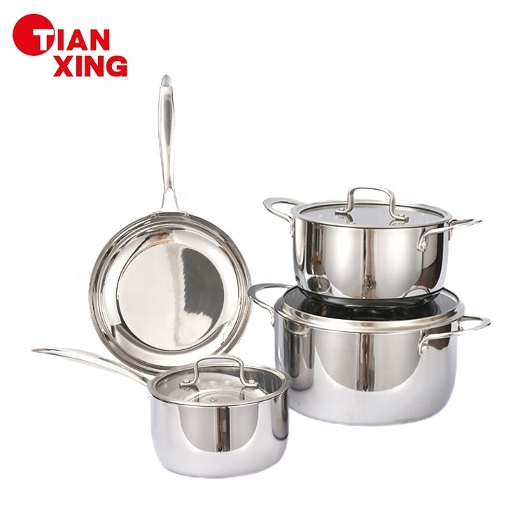 Tianxing Customization Product Mirror Polish Cook Pot And Pan Saucepan Stock Pot Fry Pans Triply Stainless Steel Cookware Set