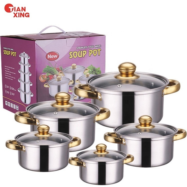 Tianxing Hot Selling Kitchen Accessories 10Pcs Casserole Set Cooking Stock Pot Set Non-stick Pink Cookware With Gold Handle