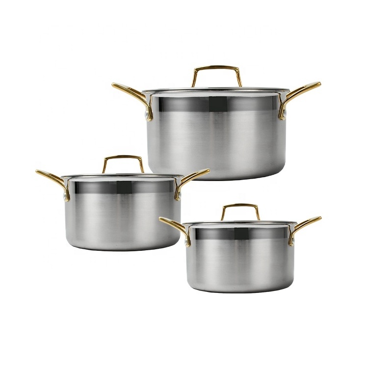 Custom Cookware 18-24cm Tri-ply Stainless Steel Gold Handle Inductional Stock Pot Dutch Oven Cooking Pot Casserole