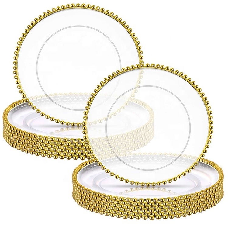 Tianxing Bulk Wedding Decorative Dinnerware Set Gold Dinner Plate Plastic Round Clear Gold Charger Plate With Gold Rim