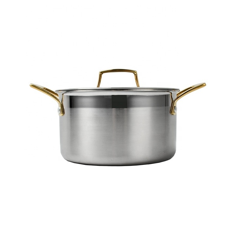 Custom Cookware 18-24cm Tri-ply Stainless Steel Gold Handle Inductional Stock Pot Dutch Oven Cooking Pot Casserole