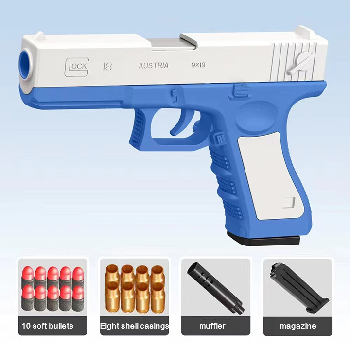 Throw shell Glock manual fire soft gun soft egg toy gun children boy gun,8 casings 10 soft bullets +1 magazine