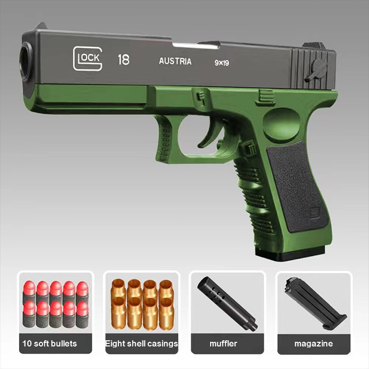 Throw shell Glock manual fire soft gun soft egg toy gun children boy gun,8 casings 10 soft bullets +1 magazine