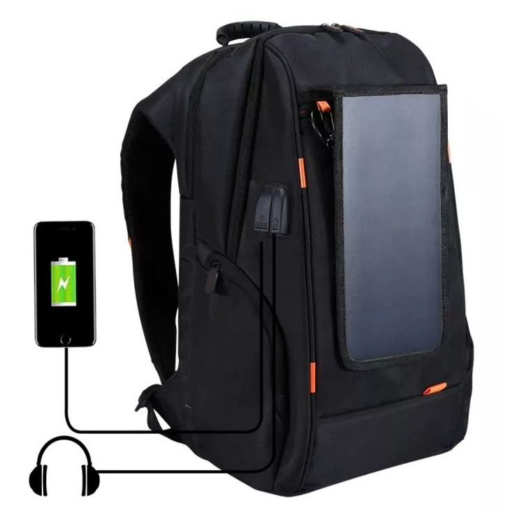 Outdoor Recycled Solar Panel Power Backpack Laptop School Bag With USB Charging Port Earphone Port