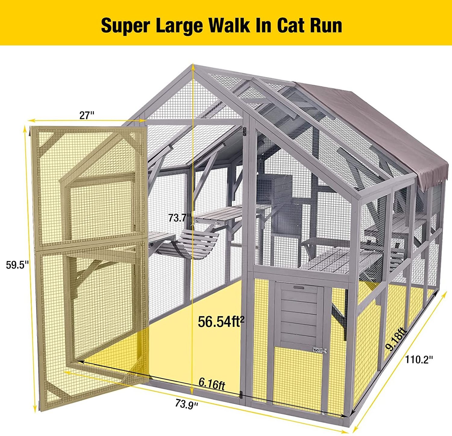 Chilochilo Walk-in Waterproof Extra Large Wooden Cat House Cage Villa Catio Kitty Enclosure Cat Condo Playpen for Outdoor