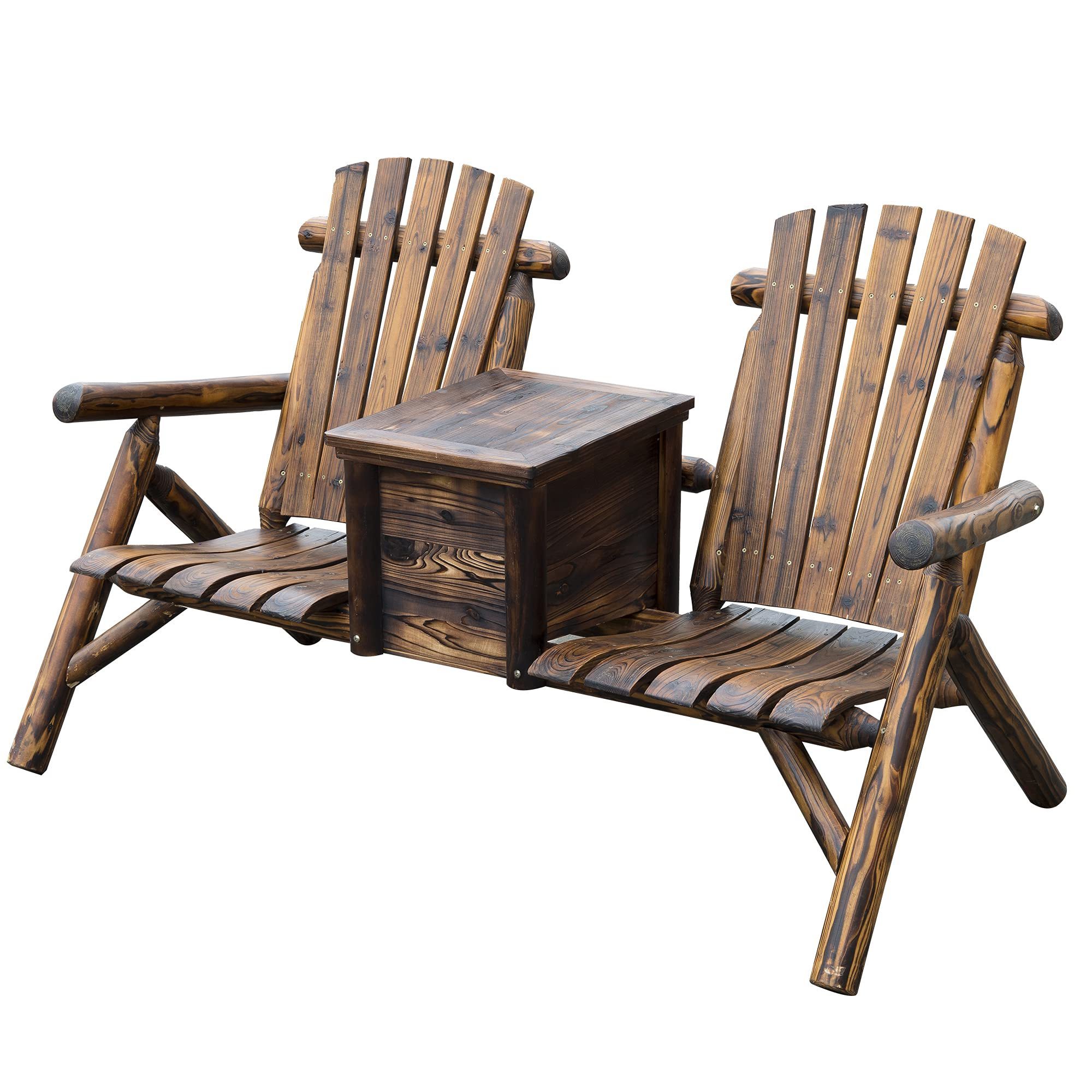 OTX Hot Selling Wooden Double Adirondack Chair Loveseat with Inset Ice Bucket Rustic Wooden Garden Chair for Porch Backyard