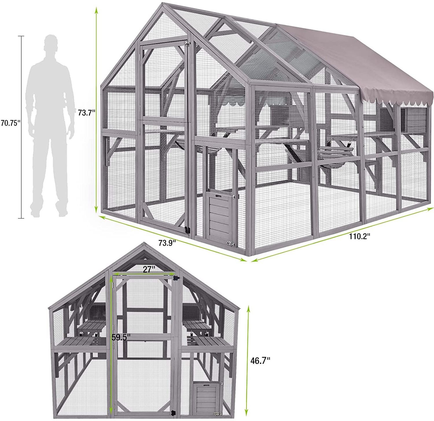 Chilochilo Walk-in Waterproof Extra Large Wooden Cat House Cage Villa Catio Kitty Enclosure Cat Condo Playpen for Outdoor