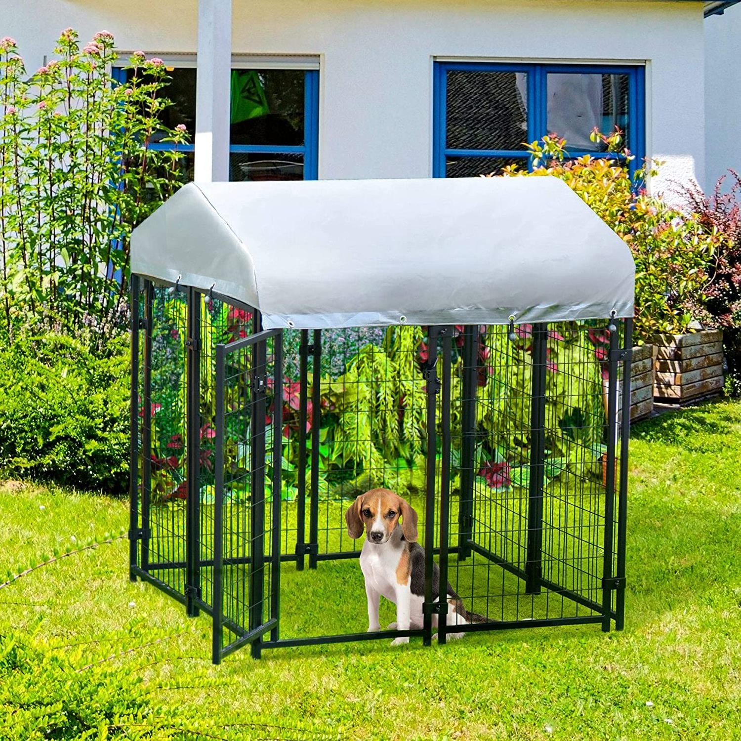 Chilochilo 4x4x6ft Large Dog Cage Kennel Playpen Powder Coat Steel Frame Outdoor Dog Kennel Waterproof Black Powder Coating