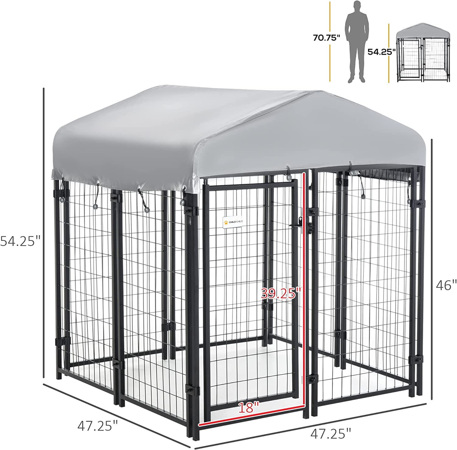 Chilochilo 4x4x4.5ft Outdoor Large Dog Kennel PetOutside Metal Crate Heavy Duty Dog Metal Kennel and Run Cage with Gate and Roof