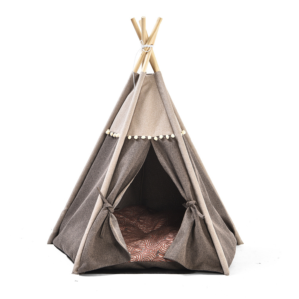 Petstar Small Dog House Twill Linen Portable Cat Tent Pet Teepee with Thick Cushion