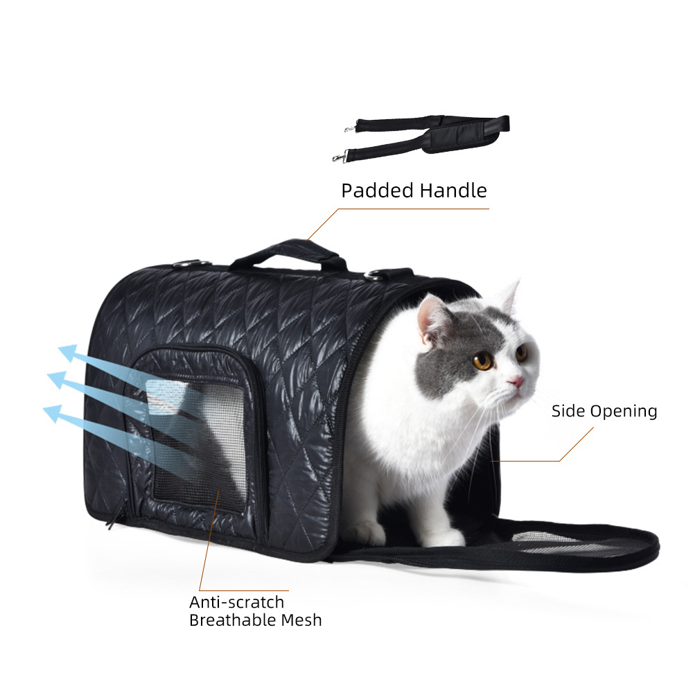 Cat Accessories Wholesale Custom Logo Airline Approved Travel Luxury Quilting Fabric Black Pet carrier bag for dog cat