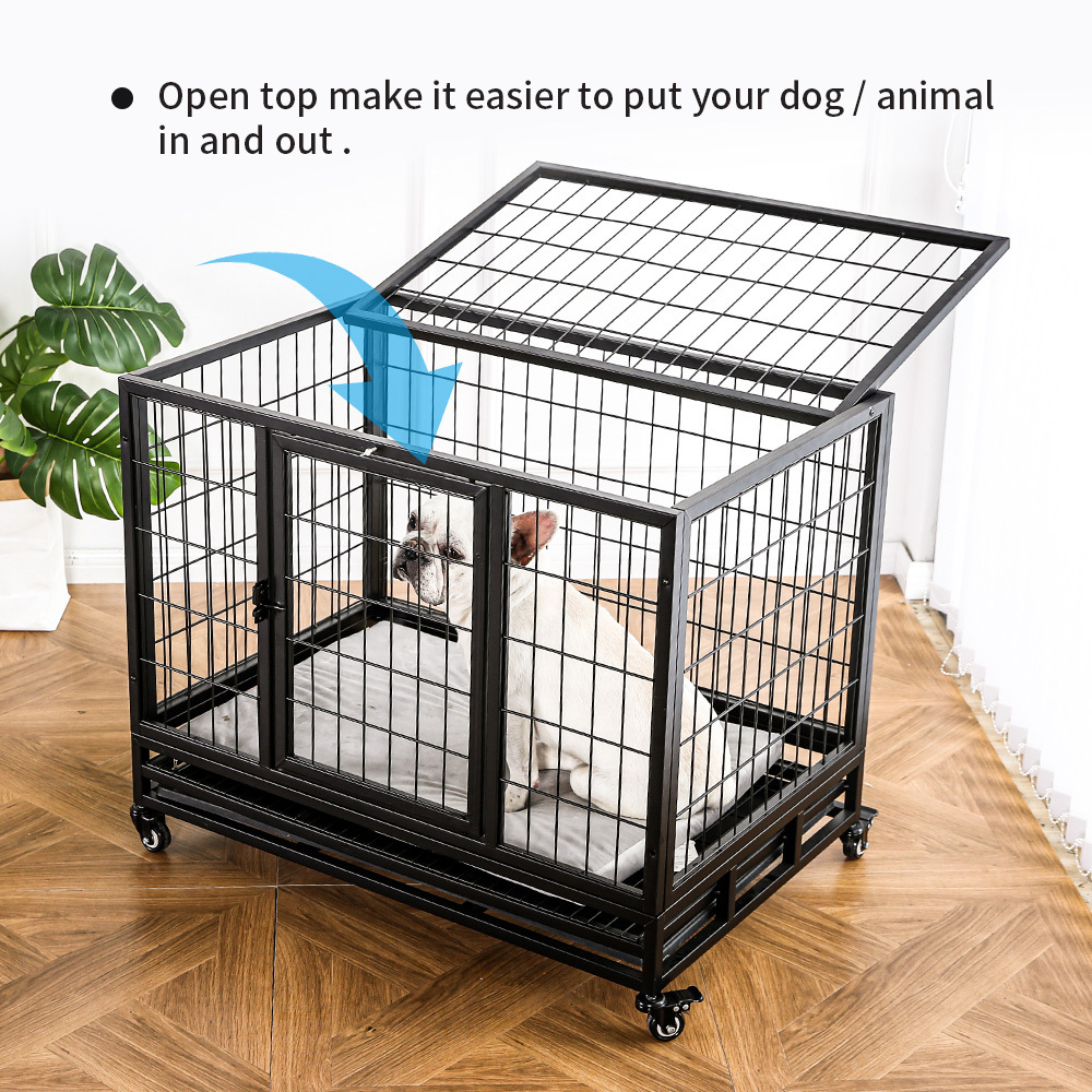 Wholesale Pet Products Heavy Kennel High Strength Stainless Steel Black Pet Crate Large Dog Cage With Wheels