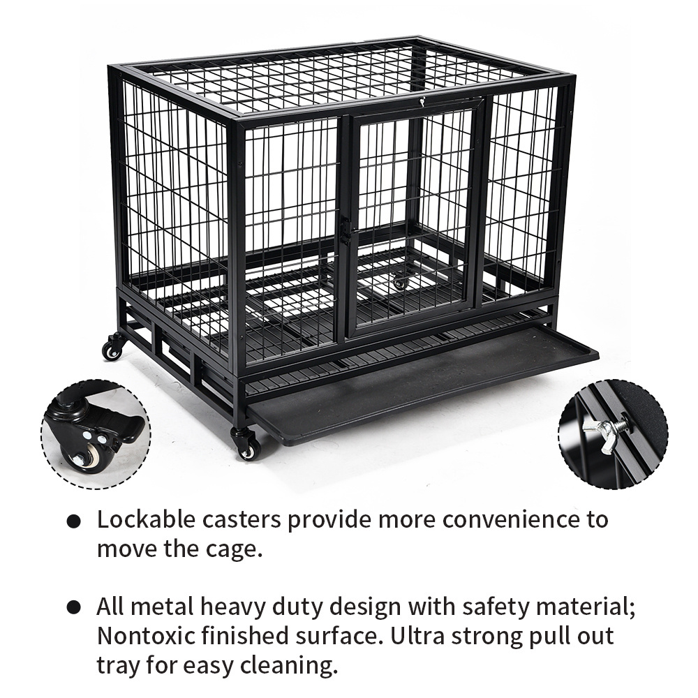 Wholesale Pet Products Heavy Kennel High Strength Stainless Steel Black Pet Crate Large Dog Cage With Wheels