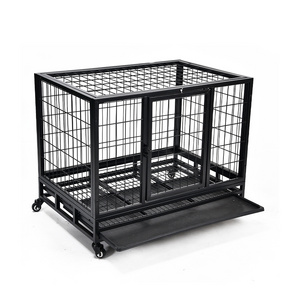 Wholesale Pet Products Heavy Kennel High Strength Stainless Steel Black Pet Crate Large Dog Cage With Wheels