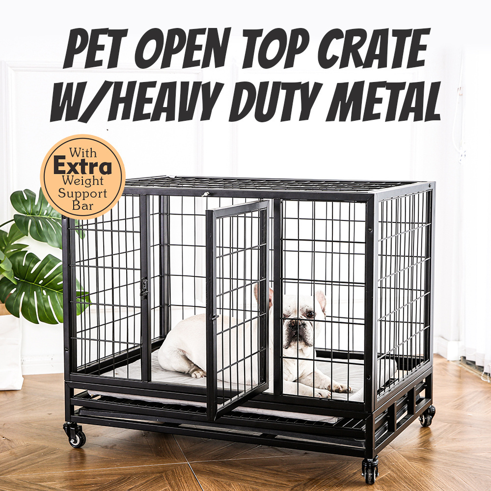 Wholesale Pet Products Heavy Kennel High Strength Stainless Steel Black Pet Crate Large Dog Cage With Wheels