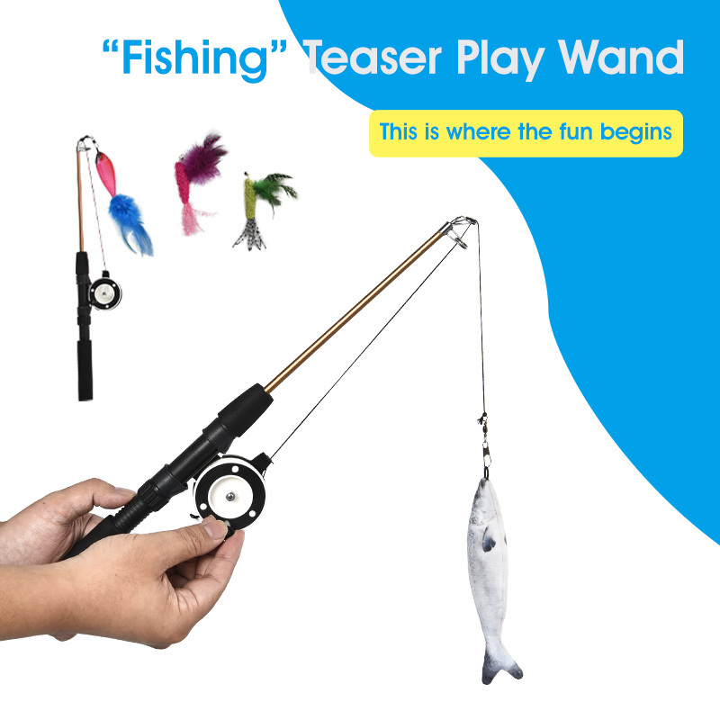 Interactive Retractable Fishing Pole Wand Fun Kitten Kitty Playing Toy Cat Feather Teaser Wand Toy