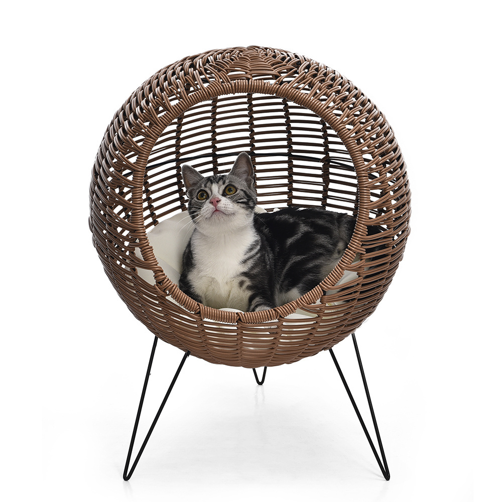 Petstar High Quality Elevated Round Condo Weaved Cat Bed Rattan Pet Bed with Cushion