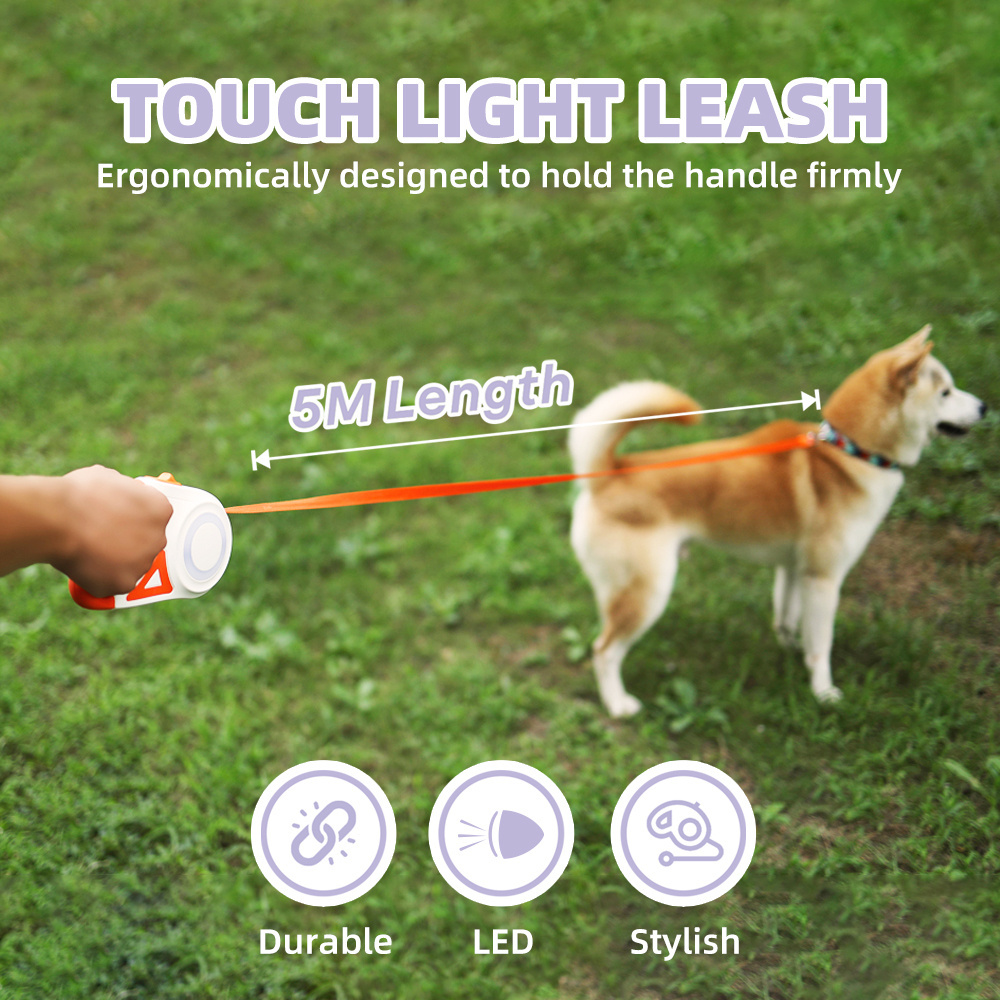 Tianyuan Pet Multi Color Led Flashlight One Click Stop 5M Length Touch Light Pet Dog Leash