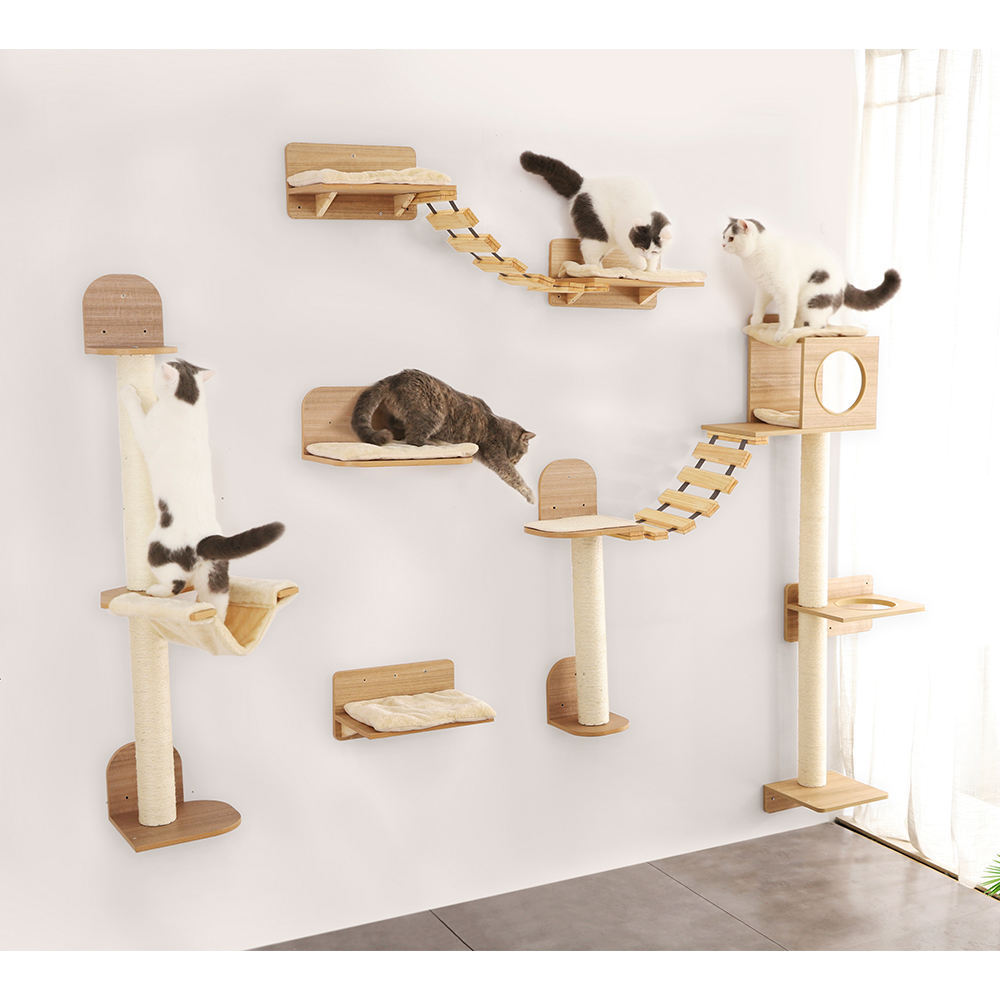 Wooden Cat Tree Furniture Platform Pet Climbing Shelf Table Cat Tree Condo Wall Mounted Shelves