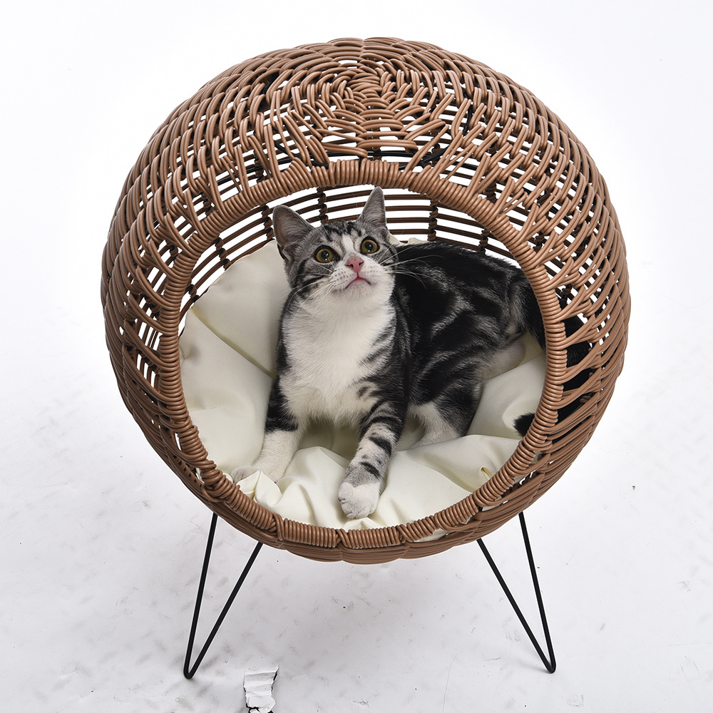 Petstar High Quality Elevated Round Condo Weaved Cat Bed Rattan Pet Bed with Cushion