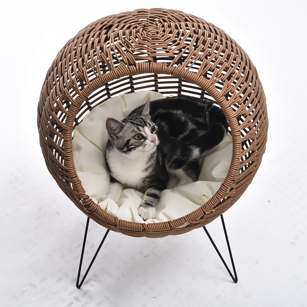 Petstar High Quality Elevated Round Condo Weaved Cat Bed Rattan Pet Bed with Cushion