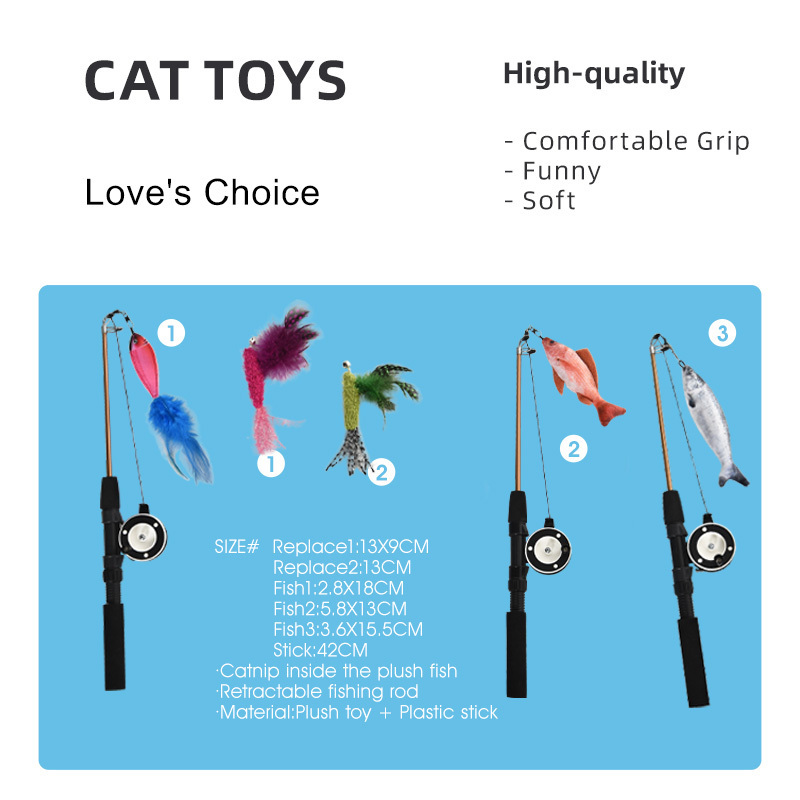 Interactive Retractable Fishing Pole Wand Fun Kitten Kitty Playing Toy Cat Feather Teaser Wand Toy