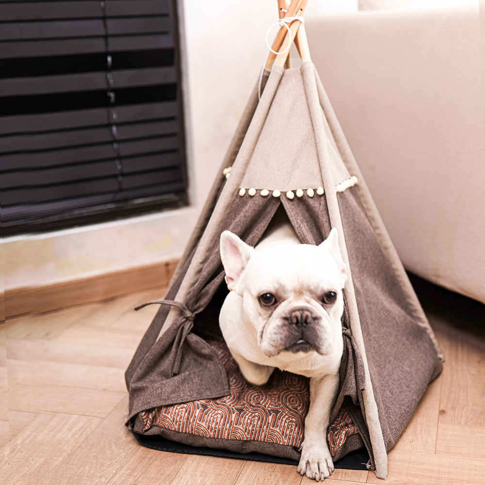 Petstar Small Dog House Twill Linen Portable Cat Tent Pet Teepee with Thick Cushion