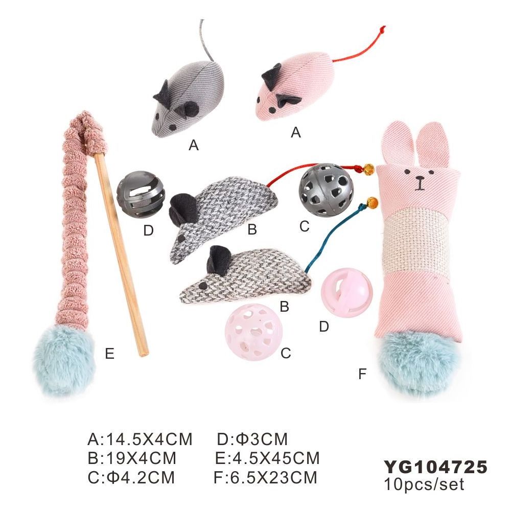 10 Pcs Value Kitty Toys Set Ringing Ball Scratching Mouse Teaser Stick Cat Toy Pack