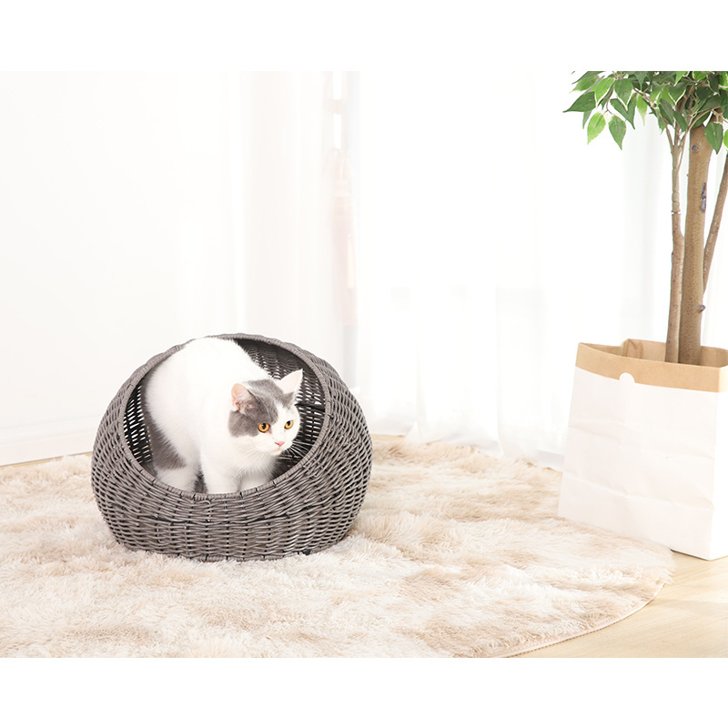 Premium Natural Water Hyacinth Pet House Article Rattan Woven Cat Bed With Plush Pillow