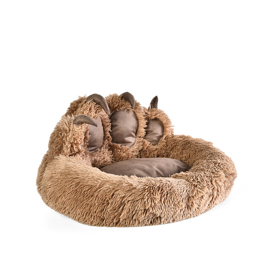 2 in 1 Soft Fuzzy Faux Fur Anti Anxiety Donut Plush Calming Round Dog Bed