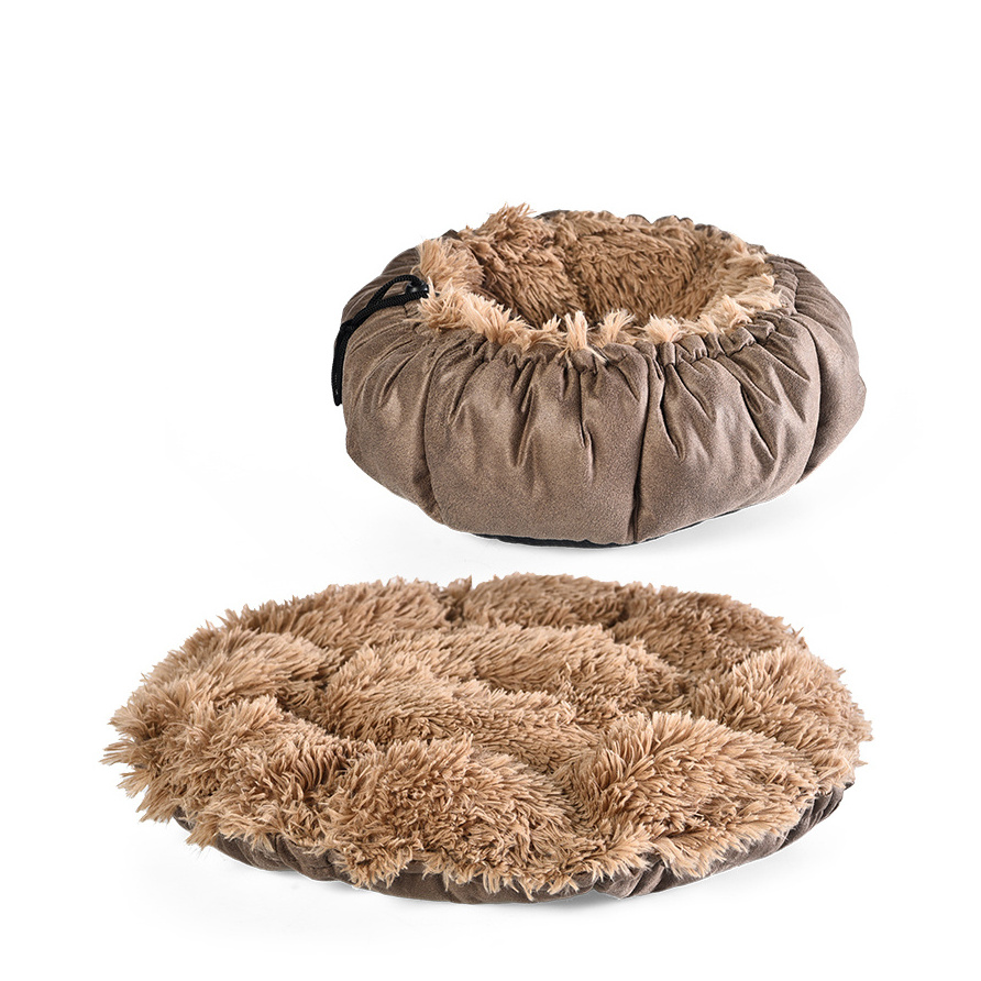 2 in 1 Soft Fuzzy Faux Fur Anti Anxiety Donut Plush Calming Round Dog Bed