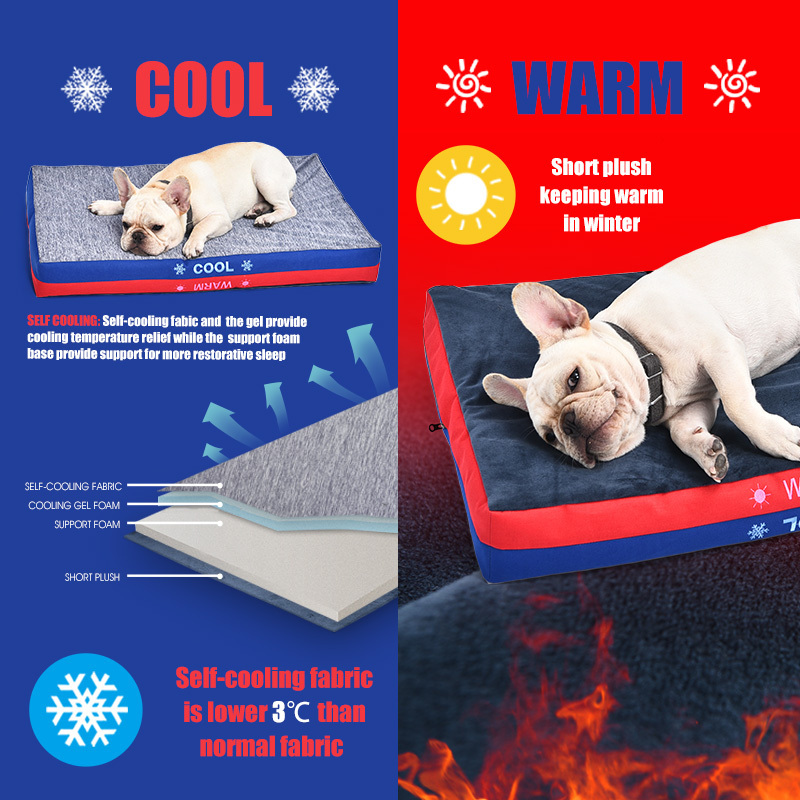 Pet 2 IN 1 Reversible Self-Cooling and Warming Bed All-Season Fit Dog Mat Bed with Cooling Sponge and Short Plush