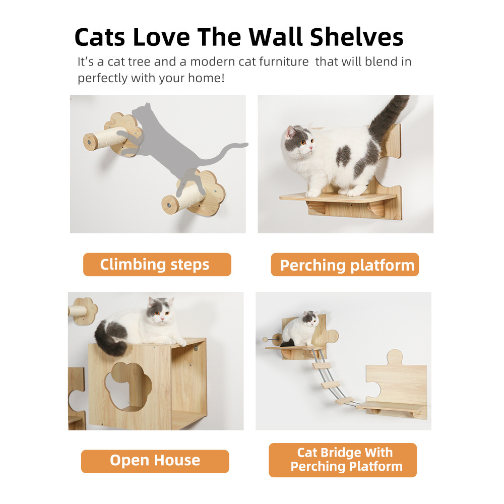 Hot sales wood tree cat wall mounted frame shelves cat hammock  wall platform furniture for climbing