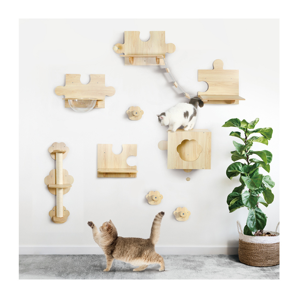 Hot sales wood tree cat wall mounted frame shelves cat hammock  wall platform furniture for climbing