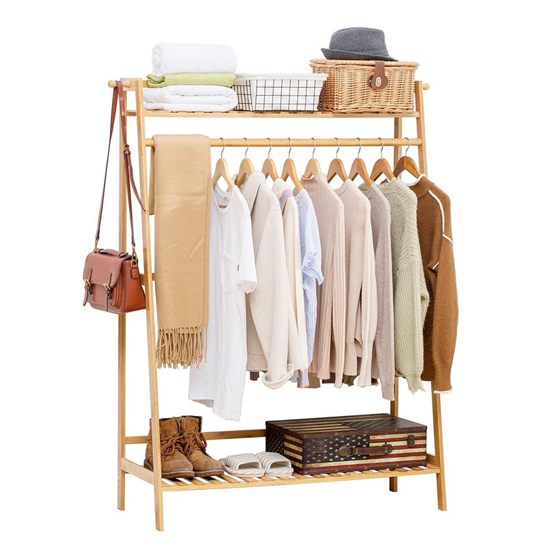 Bamboo Garment Coat Clothes Hanging Heavy Duty Rack With Top Shelf and Shoe Clothing Storage Organizer Shelves