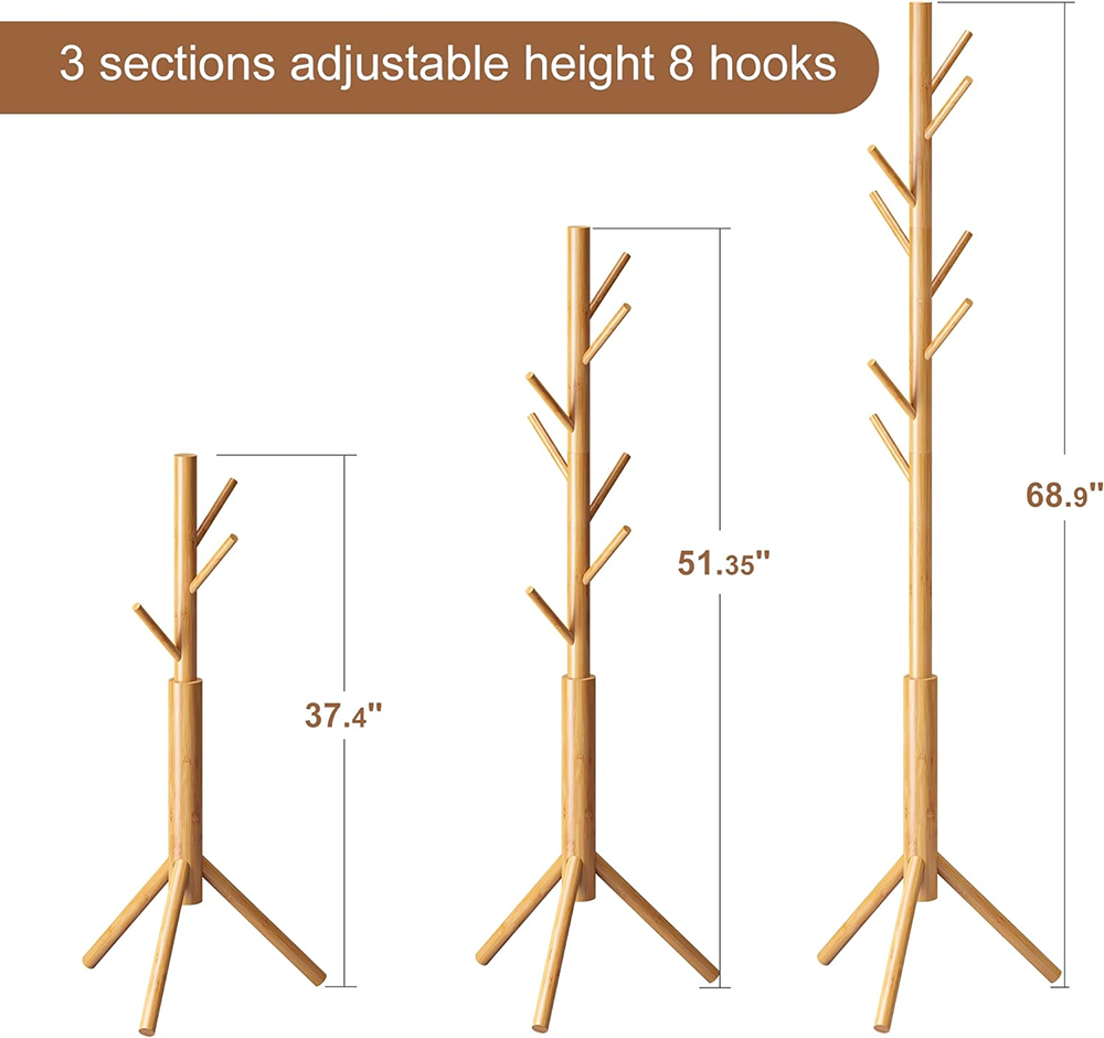 8 Hooks Adjustable Wooden Cloth Rack Easy Assembly Coat Hanger Stand Bamboo Coat Rack Tree Freestanding Coat Racks For Clothes