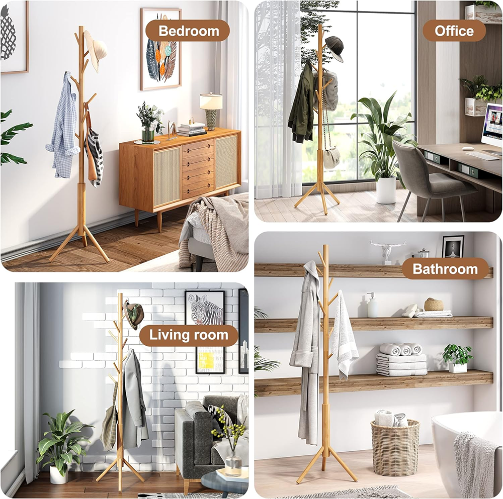 8 Hooks Adjustable Wooden Cloth Rack Easy Assembly Coat Hanger Stand Bamboo Coat Rack Tree Freestanding Coat Racks For Clothes